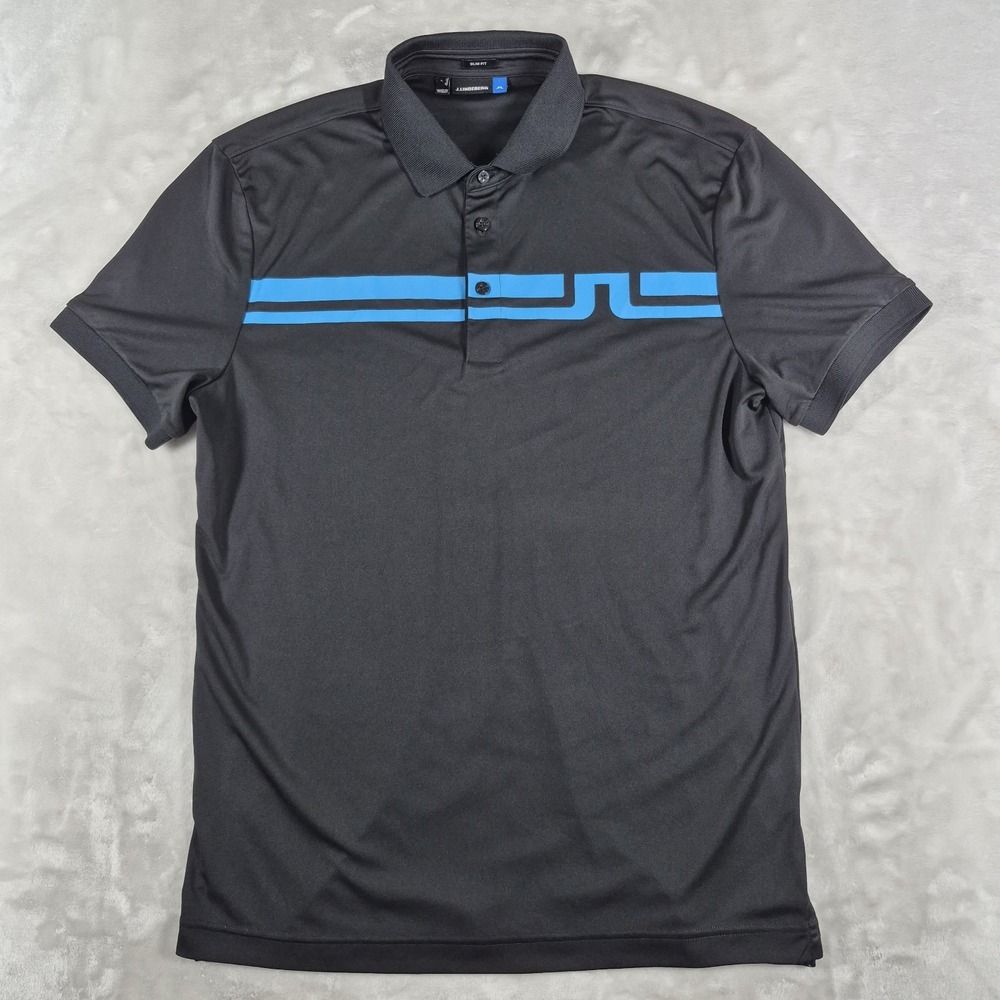 J Lindeberg Polo Shirt Men's Large Black Slim Fit Golf Performance Short Sleeve